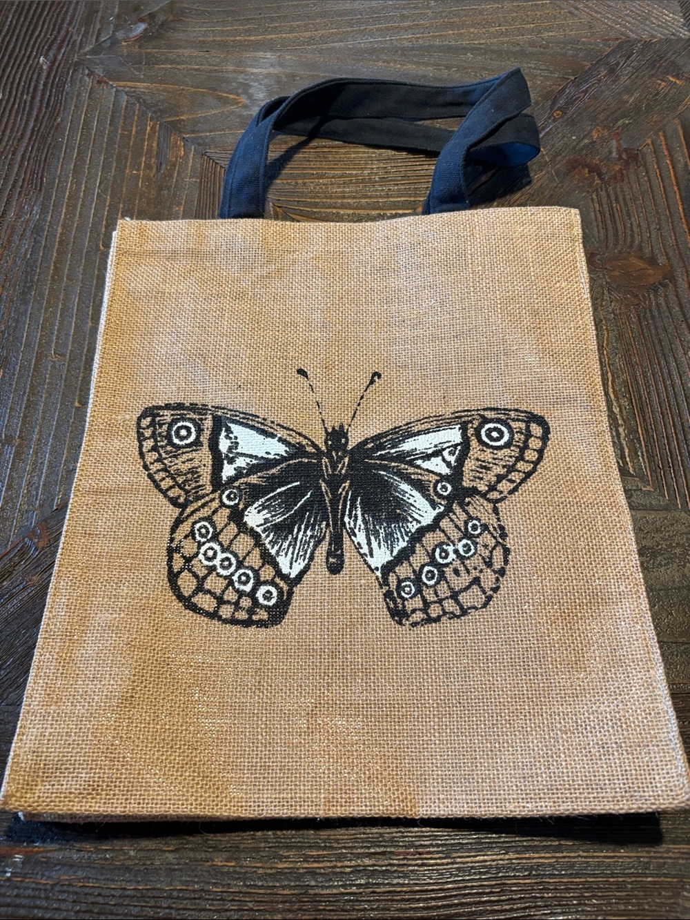 Natural Jute Tote Bag with Black Butterfly Print